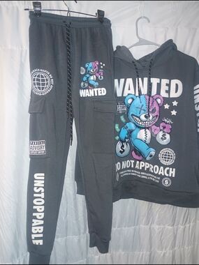 Wanted Teddy Graphic Hoodie & Joggers Set - Black with Blue/Pink Teddy